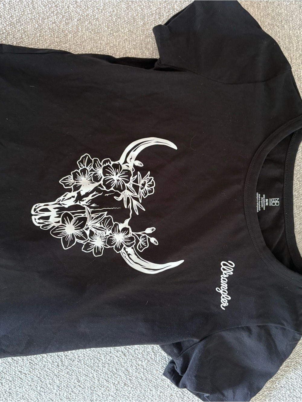 Fake Wrangler Black Tee with White Floral Bull Skull Graphic
